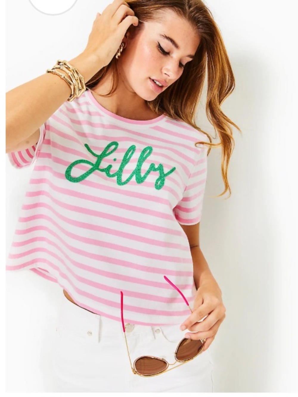 Lilly Pulitzer Pink & White Striped Tee with Green Script